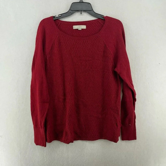 Loft Sweater Women's Sz L Red Knitted Ribbed Round Neck Wool Blended Stretch - Picture 1 of 12